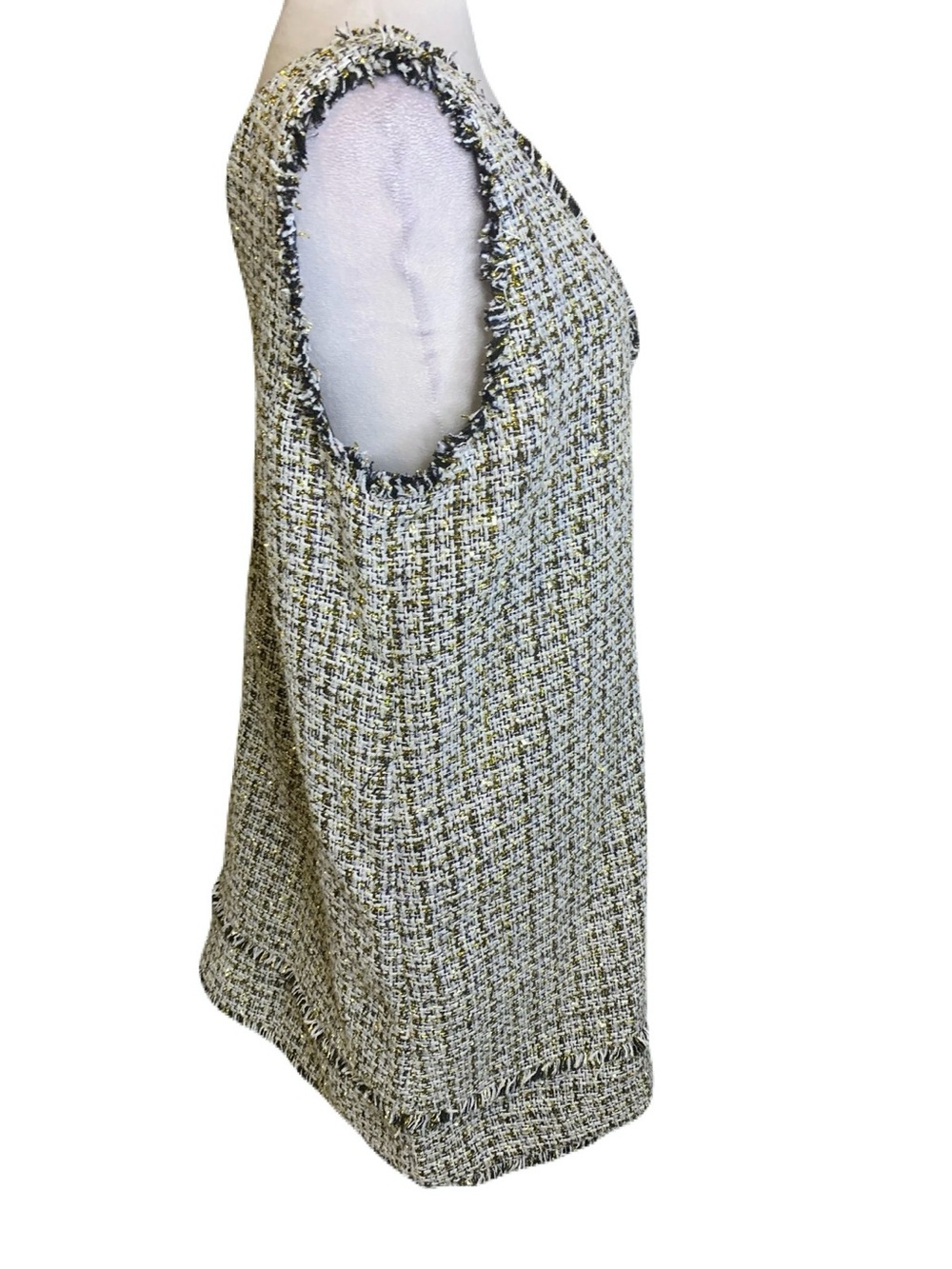 NEW LOFT Blue Gold Metallic Tweed V-Neck Size 14 Mini Dress Sleeveless Fringe - Picture 6 of 10